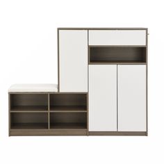 two white cabinets with open shelves on each side and one closed shelf in the middle