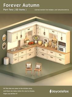 an image of a kitchen with white cabinets and beige counter tops, as well as the text forever autumn part two c 20 items