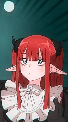 an anime character with red hair and horns