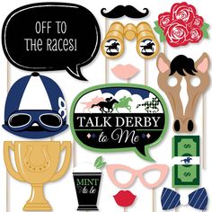 an assortment of photo booth props including masks, flowers and mustaches with the words talk derby to me