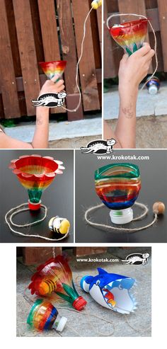 there are three pictures of different vases being made with glass and string, one is holding a flower