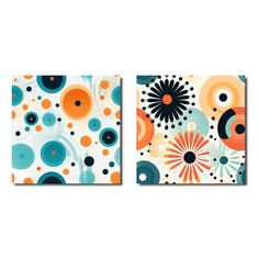 two abstract paintings with circles and dots on the wall, one in orange and blue