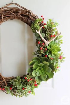 a wreath with succulents and red berries hangs on the front door