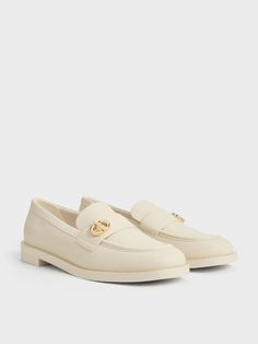 Chalk Metallic-Accent Loafers - CHARLES & KEITH US Chic Slip-on Platform Loafers, Chic Platform Loafers, Chic Flat Slip-ons For Office, Chic Business Platform Loafers, Cream Slip-on Flats For Office, Chic Beige Slip-ons For Office, Modern White Slip-ons For Work, Chic White Slip-ons For Office, Formal Cream Slip-on Flats