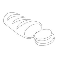 a line drawing of a long loaf of bread with slices cut out on the side