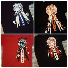 four t - shirts with different designs on them, all in black and red colors