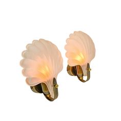 pair of scallop glass wall lights with brass fittings