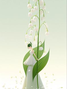 a woman in a white dress standing next to a plant with lily of the valley on it