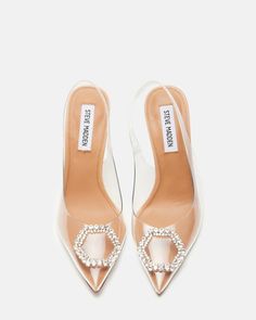 BEIGNET Clear Slingback Embellished Heel | Women's Heels – Steve Madden Clear Pumps, Rhinestone Wedding Shoes, Clear Shoes, Steve Madden Store, Embellished Heels, Clear Heels, Wedding Heels, Women's Heels, 4 Inch Heels