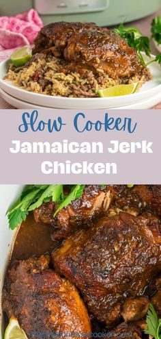 slow cooker jamaican jelk chicken with limes and parsley on the side