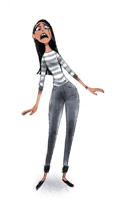 a drawing of a woman with her arms out and eyes wide open, standing in front of a white background