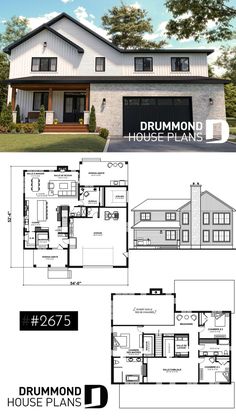 two story house plan with garage and living room in the front, and second floor on the