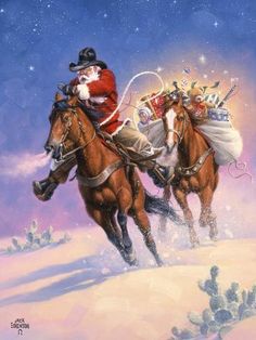 santa claus riding on the back of two brown horses in front of a sky filled with stars