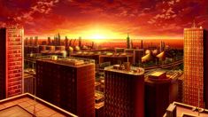 the sun is setting over a cityscape with tall buildings in the foreground