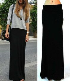 BLACK FOLD OVER WAIST BANDED MINIMALIST JERSEY KNIT LONG MAXI SKIRT S M L XL Long Black Skirt, Long Maxi Skirt, Solid Skirt, Black Maxi Skirt, Skirt Maxi, Long Skirts For Women, Long Maxi Skirts