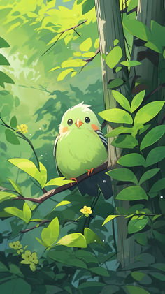 a green bird sitting on top of a tree branch in the forest next to leaves