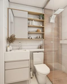 a white toilet sitting under a bathroom mirror next to a sink and a shower stall