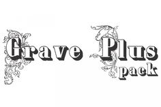 two black and white images with the words grave plus pack written in large, ornate letters