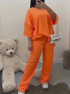 Orange Casual Collar   Plain  Embellished Medium Stretch  Women Clothing Summer Slogans, Christmas Lights In Bedroom, Pants For Summer, Girl School Supplies, Art School Supplies, Summer Orange, Drop Shoulder Tee, Pleated Shirt, Solid Color Pants