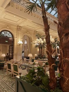 the inside of a restaurant with tables, chairs and palm trees in front of them