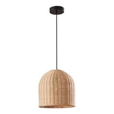 a light that is hanging from the ceiling with wicker on it and a black cord