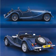 an old model car is shown in two different views, one blue and the other black