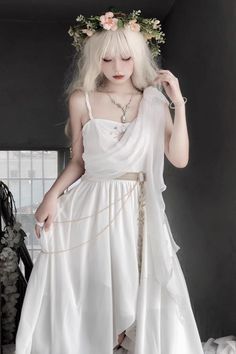 White Cosplay Dress, Short Greek Inspired Dress, Flowing White Dress, Short Toga Dress, Greek Inspired Dresses, White Dress Fantasy Art, Sleeveless Fairycore Dress For Cosplay, Fairycore Sleeveless Dress For Cosplay, White Dress Reference