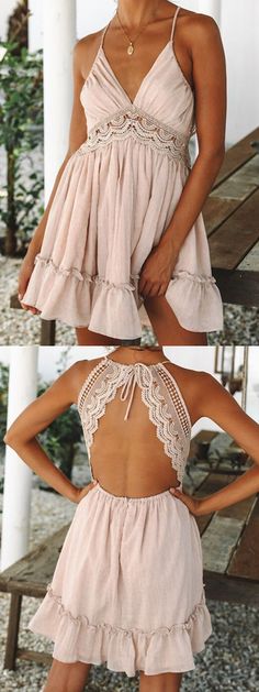 $29.99 Pink V-neck Lace Panel Open Back Mini Dress Sew A Skirt, Beige Lace Dress, Open Back Mini Dress, Dress Open Back, Mini Dresses Online, Sewing Skirts, Yes To The Dress, Dresses Backless, Wedding Night