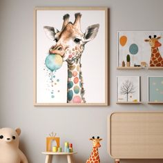 a baby's room with giraffes and toys