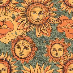 sunflowers with faces and clouds in the sky, seamless fabric pattern stock photo