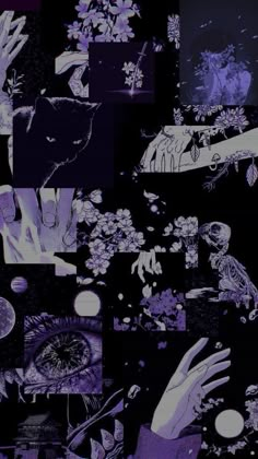 a collage of images with hands, flowers and other things in purple on black