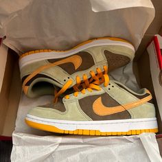 Brand New In Box Never Worn Dunk Low Dusty Olive, Yellow Dunks, Dunks Shoes, Low Dunks, Hype Shoes, Cute Nikes, Swag Shoes