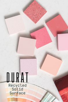 several different shades of pink and red with text overlay that reads durat recycated surface