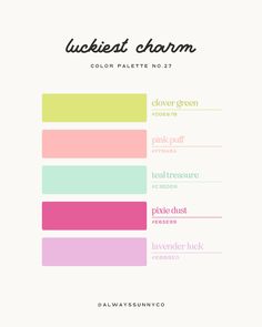 the color scheme for lucky charm is shown in pink, green, yellow and white