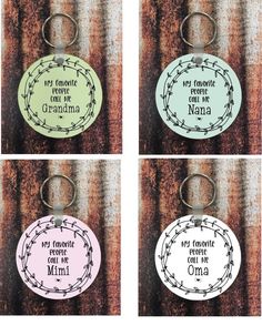 four different key chains with the words, my favorite people on one side and an image of