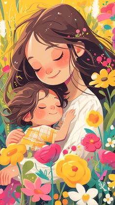 a woman holding a child in her arms surrounded by flowers