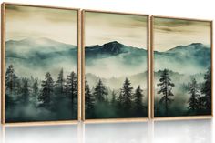 three canvases with trees and mountains in the background, one is painted on white