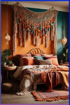 a bedroom with an orange wall and lots of tassels hanging from the ceiling