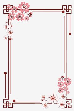 a square frame with pink flowers on the side and red lines in the middle, against a white background