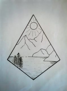 a drawing of a mountain lake with trees in the foreground and sun above it