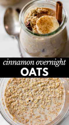 cinnamon overnight oatmeal in a glass jar with spoons