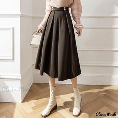 Olivia Mark - Stylish Winter Midi Skirt with Flared Hem Winter Midi Skirt, Midi Skirt Winter, Floral Chiffon Skirt, Casual Denim Skirt, Umbrella Dress, Formal Skirt, Coffee Color, Half Skirt, Chiffon Skirt