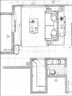 a drawing of a living room and kitchen in the floor plan for a small apartment