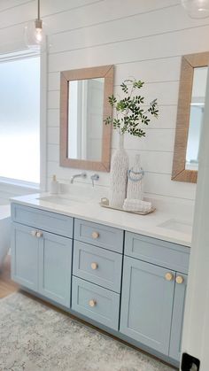 a bathroom with two sinks, mirrors and a plant in the middle of the room