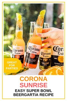 an ad for corona sunrise beer with oranges and pineapple on the table in front of it