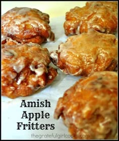 an image of some apple fritters with icing on them and the words, amish apple fritters