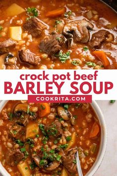 a bowl of crock pot beef barley soup