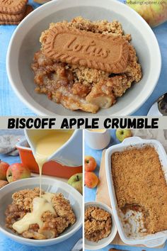 three pictures showing different types of desserts and the words biscoff apple crumble