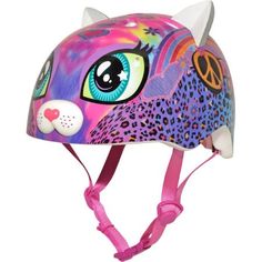 a child's helmet with an image of a cat on it