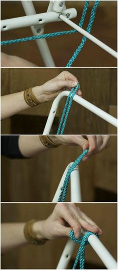 three pictures showing how to tie a chair with rope and wood strips on the sides